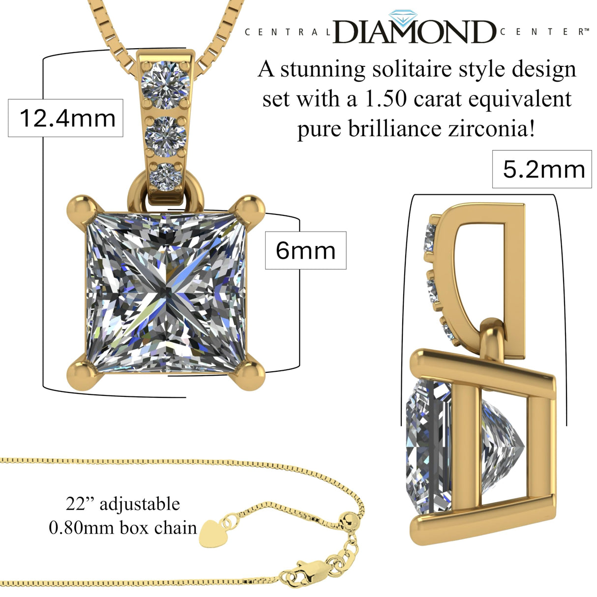 Princess Cut Solitaire Necklace, 4 Prong Sterling Silver w/Pure Brilliance Zirconia, 6.0mm, 7.0mm & 8.0mm