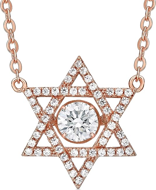 Central Diamond Center Star of David Dancing Gemstone Necklace for Women, Sterling Silver w/Pure Brilliance CZ, Chain Attached