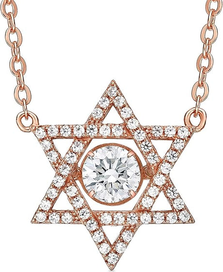 Central Diamond Center Star of David Dancing Gemstone Necklace for Women, Sterling Silver w/Pure Brilliance CZ, Chain Attached