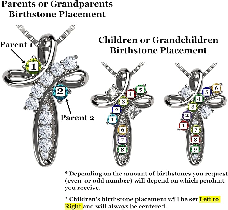 Central Diamond Center Family Cross Birthstone Mothers Necklace w/ 1 to 11 Simulated Birthstones in Solid 925 Sterling Silver