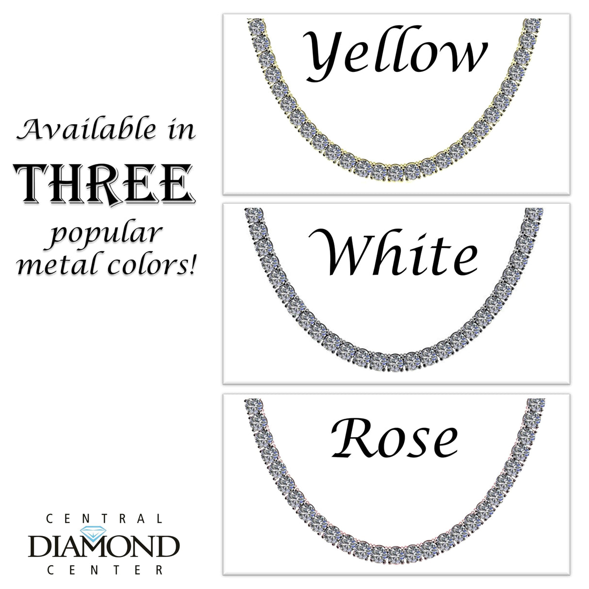 Central Diamond Center Sterling Silver & Graduated CZ 3 or 4 prongs Tennis Necklace, 18", White, Yellow or Rose Gold Plated