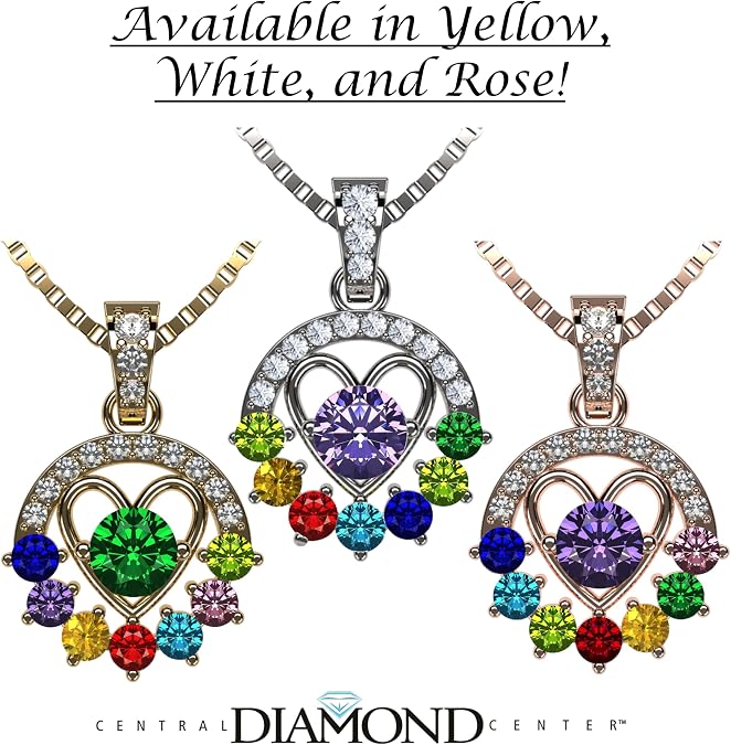 Central Diamond Center Heart in Circle Birthstone Mothers Necklace w/ 1-7 Simulated Gemstones in Solid Sterling Silver for Women