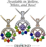 Central Diamond Center Heart in Circle Birthstone Mothers Necklace w/ 1-7 Simulated Gemstones in Solid Sterling Silver for Women