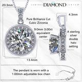 Round Simulated Diamond Solitaire Necklace/Pendant- Double Halo from 1 to 3 carat center- Sterling Silver