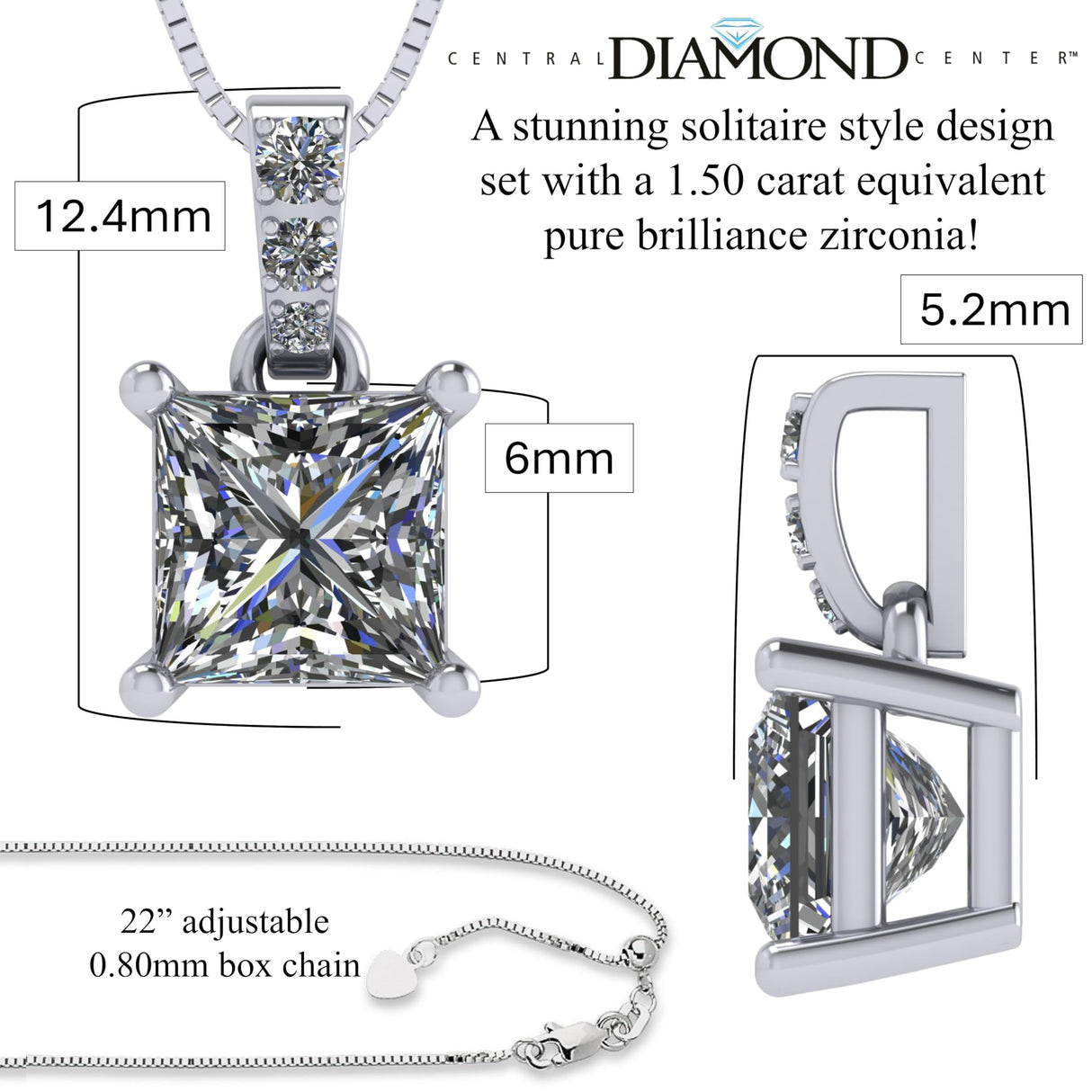 Princess Cut Solitaire Necklace, 4 Prong Sterling Silver w/Pure Brilliance Zirconia, 6.0mm, 7.0mm & 8.0mm