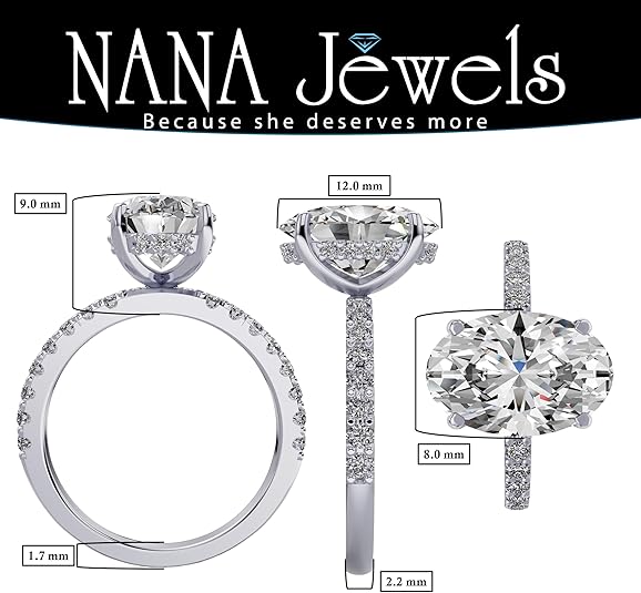 NANA Jewels 1.5-3CT Platinum Plated Sterling Silver Rings CZ Cubic Zirconia Oval Cut Engagement Rings | 10K 14K Solid Gold