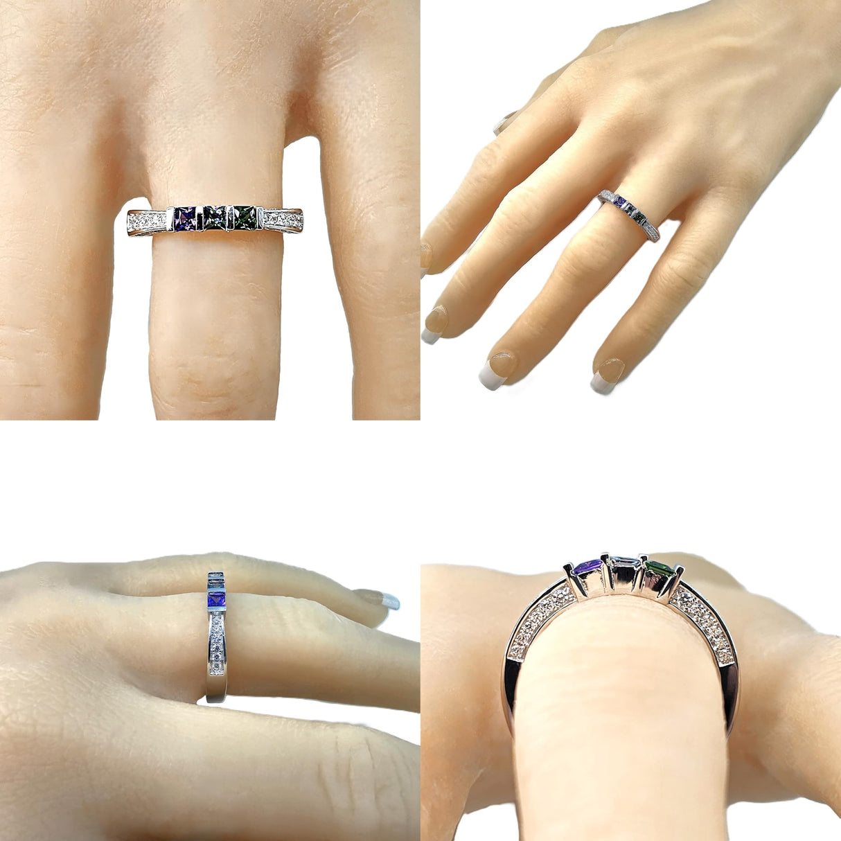Central Diamond Center Princess Mothers Birthstone Ring w/Accent CZs on 3 Sides w/1-6 Simulated Gemstones in Silver, 10K or 14K Gold