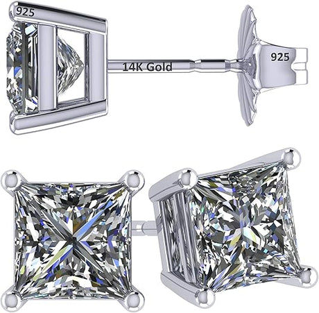 14K Gold Posts & Sterling Silver Princess Cut CZ Stud Earrings w/Pure Brilliance Zirconia, 1.50-4.00ctw