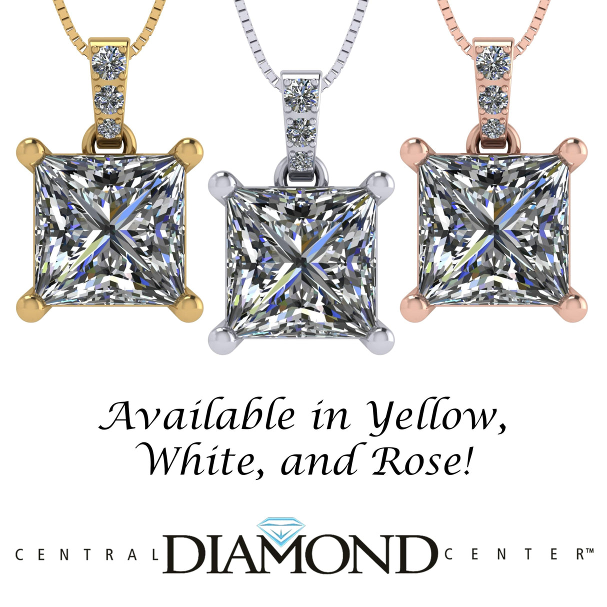 Princess Cut Solitaire Necklace, 4 Prong Sterling Silver w/Pure Brilliance Zirconia, 6.0mm, 7.0mm & 8.0mm