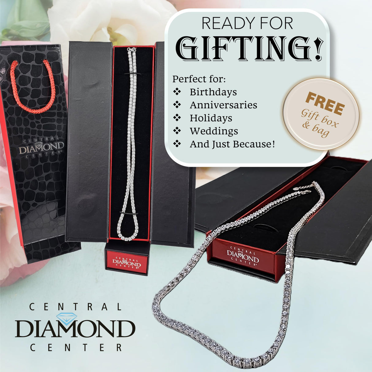 Central Diamond Center Sterling Silver & Graduated CZ 3 or 4 prongs Tennis Necklace, 18", White, Yellow or Rose Gold Plated