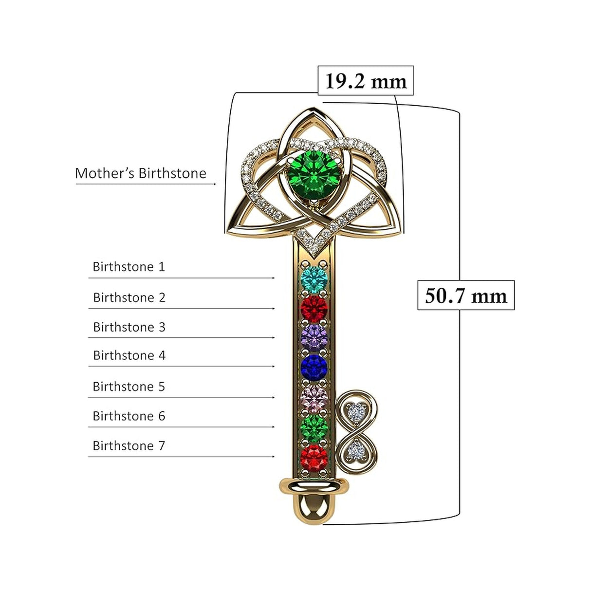 Key to Infinity Love Mother & Child Necklace w/ 1-7 Birthstones in Silver, 10K, or 14K Gold