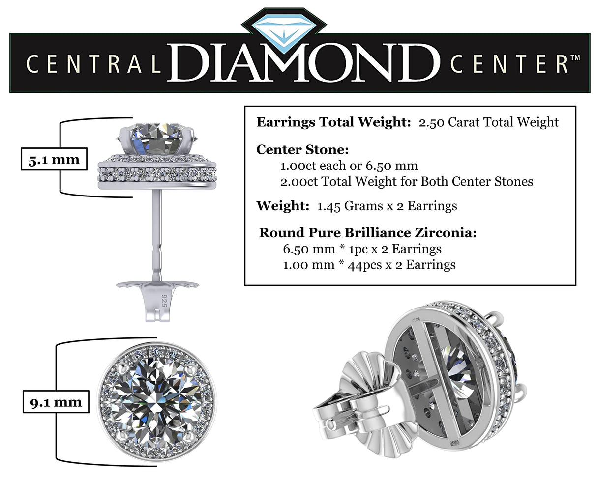 Round Halo Stud Earrings 0.85cttw-4.50cttw in Sterling Silver w/Pure Brilliance Zirconia, Hypoallergenic