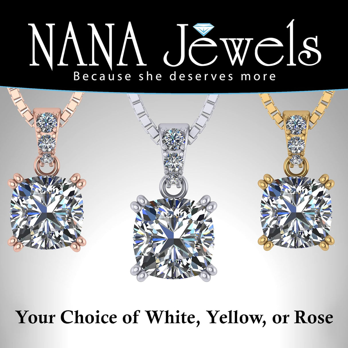 NANA Jewels Cushion Cut CZ Simulated Diamond Solitaire Necklace Sterling Silver 7-8mm Cubic Zirconia, 2.00ct & 3.00ct