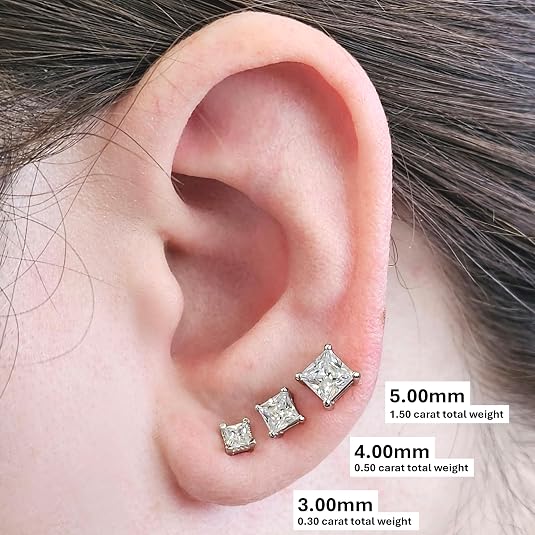 14K Gold Posts & Sterling Silver Princess Cut CZ Stud Earrings w/Pure Brilliance Zirconia, 1.50-4.00ctw