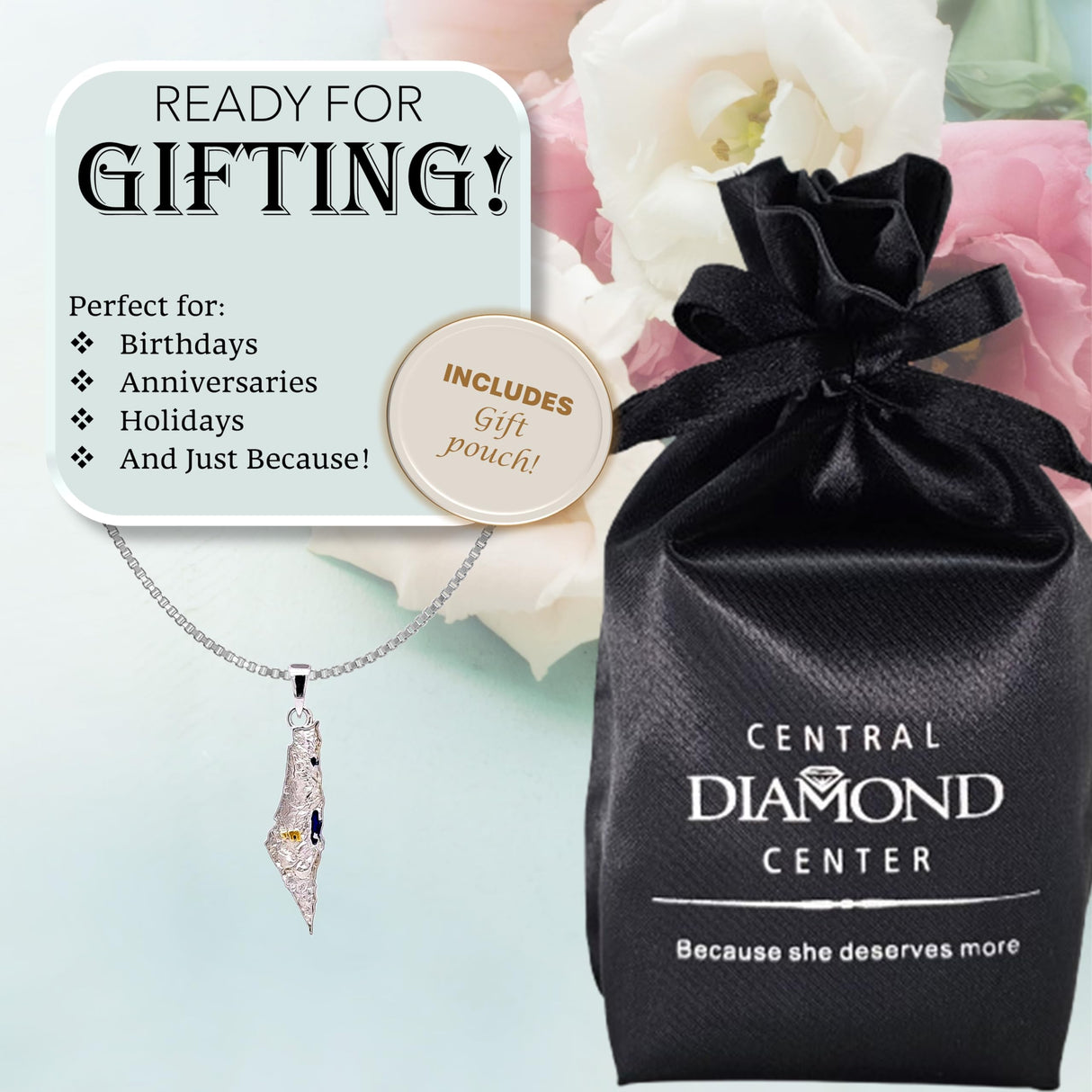 Central Diamond Center Israel Map Necklace/Pendant-Sterling Silver Am Israel Chai on Back Side-3D Map of Israel Large & Small