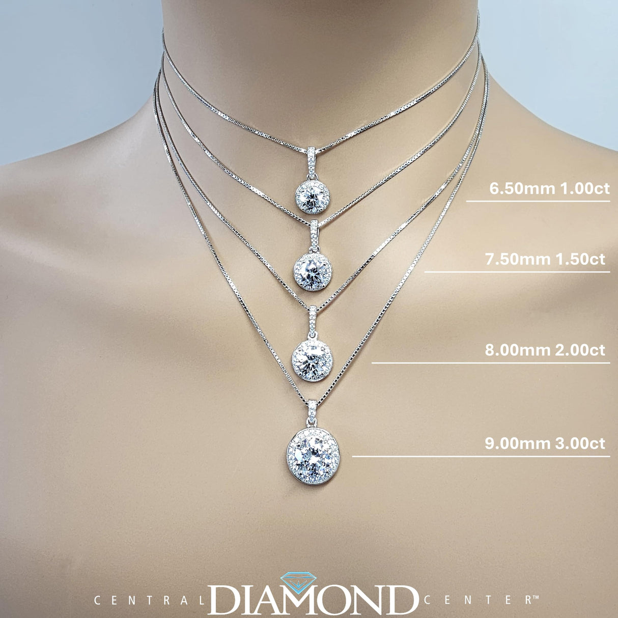 Round Simulated Diamond Solitaire Necklace/Pendant- Double Halo from 1 to 3 carat center- Sterling Silver