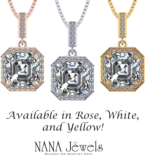 NANA Asscher Cut Halo CZ Simulated Diamond Solitaire Necklace Sterling Silver 7mm Zirconia Center Gemstone