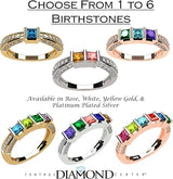 Central Diamond Center Princess Mothers Birthstone Ring w/Accent CZs on 3 Sides w/1-6 Simulated Gemstones in Silver, 10K or 14K Gold