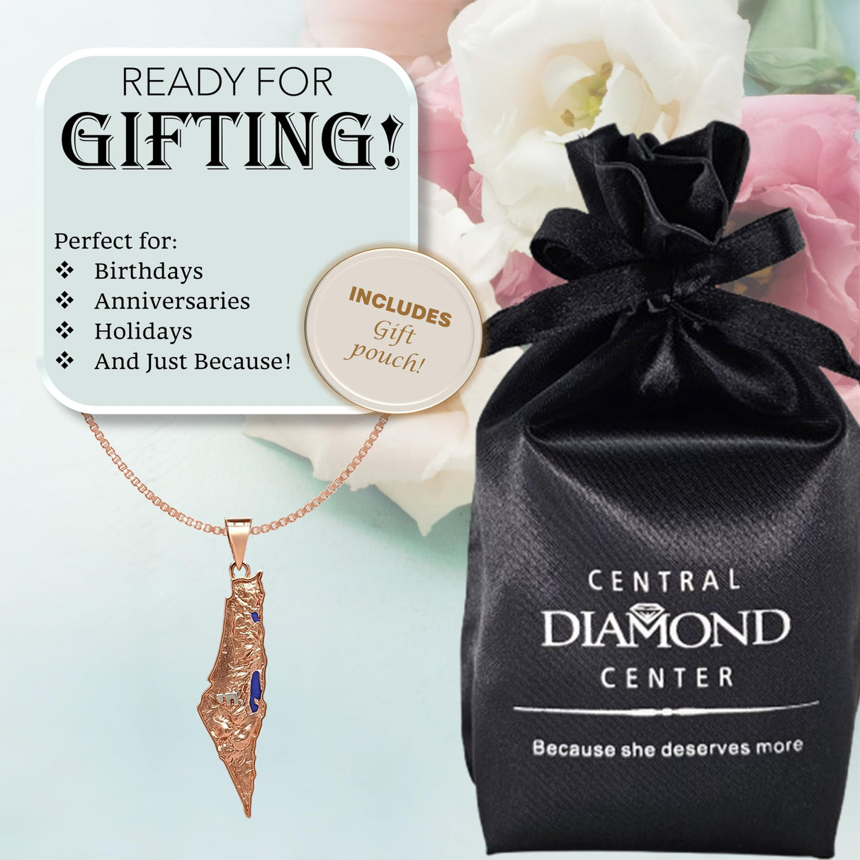 Central Diamond Center Israel Map Necklace/Pendant-Sterling Silver Am Israel Chai on Back Side-3D Map of Israel Large & Small