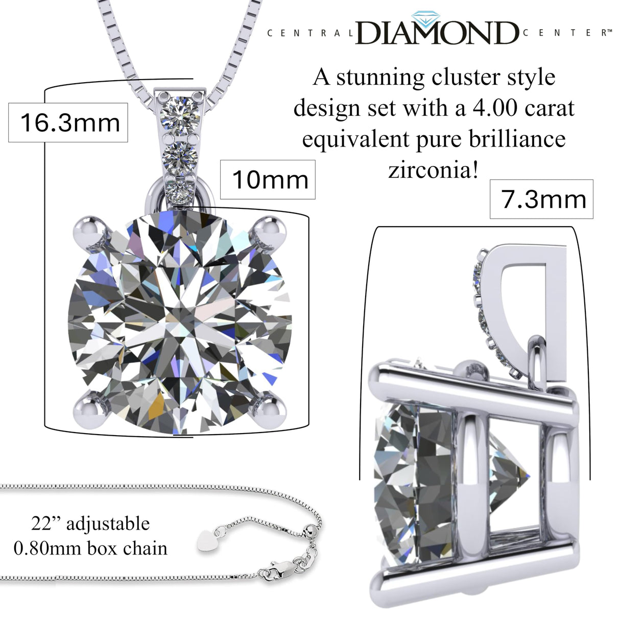 4 Prong Round Solitaire Simulated Diamond Necklace in Solid Sterling Silver with Pure Brilliance Zirconia