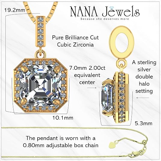 NANA Asscher Cut Halo CZ Simulated Diamond Solitaire Necklace Sterling Silver 7mm Zirconia Center Gemstone