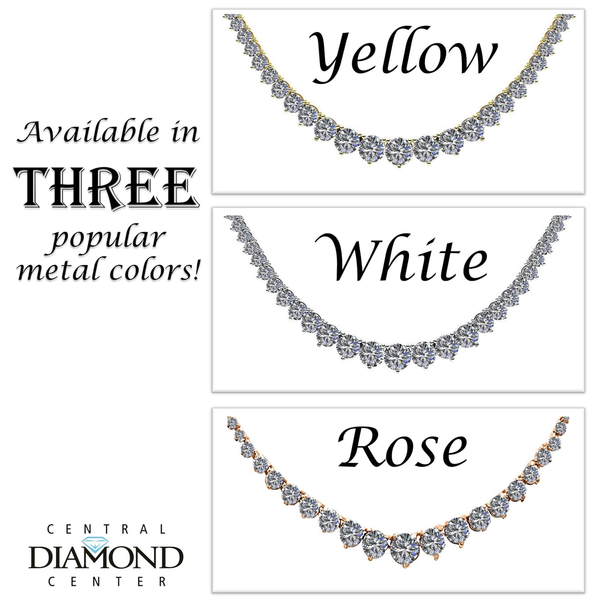 Central Diamond Center Sterling Silver & Graduated CZ 3 or 4 prongs Tennis Necklace, 18", White, Yellow or Rose Gold Plated