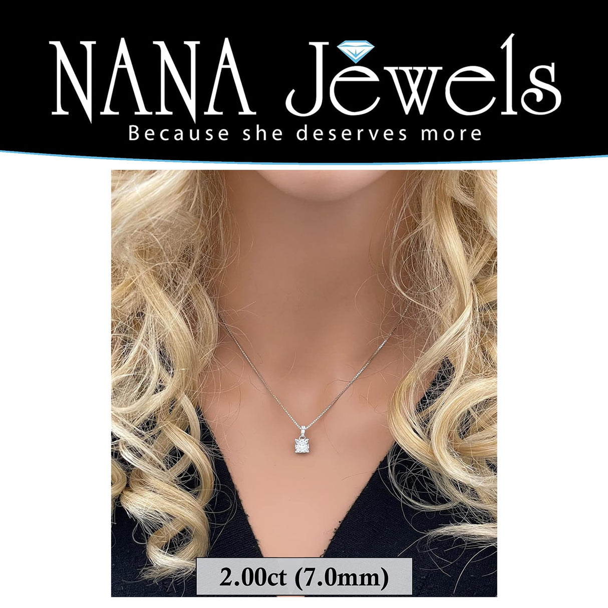 NANA Jewels Cushion Cut CZ Simulated Diamond Solitaire Necklace Sterling Silver 7-8mm Cubic Zirconia, 2.00ct & 3.00ct