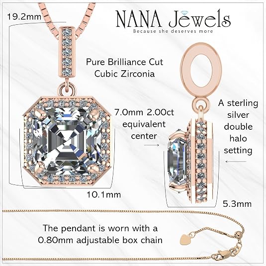 NANA Asscher Cut Halo CZ Simulated Diamond Solitaire Necklace Sterling Silver 7mm Zirconia Center Gemstone