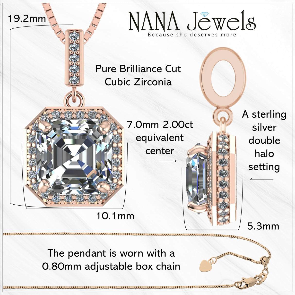 NANA Asscher Cut Halo CZ Simulated Diamond Solitaire Necklace Sterling Silver 7mm Zirconia Center Gemstone
