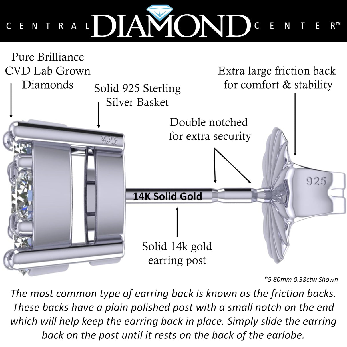Diamond Stud Earrings CVD Lab Grown Diamonds solid 14K post & Silver basket, 7 or 9 Stone Cluster