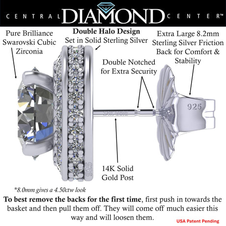 Round Halo Stud Earrings 0.85cttw-4.50cttw in Sterling Silver w/Pure Brilliance Zirconia, Hypoallergenic