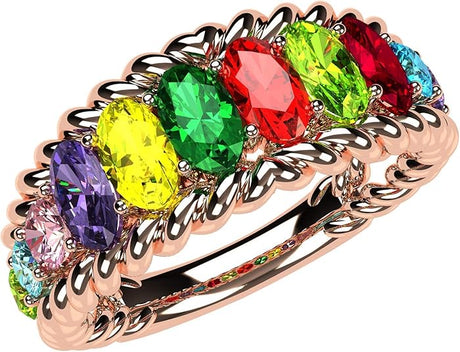 Central Diamond Center Oval Rope Mothers Birthstone Ring w/ 1 to 12 Simulated Gemstones in Sterling Silver, 10K, or 14K Gold For Women