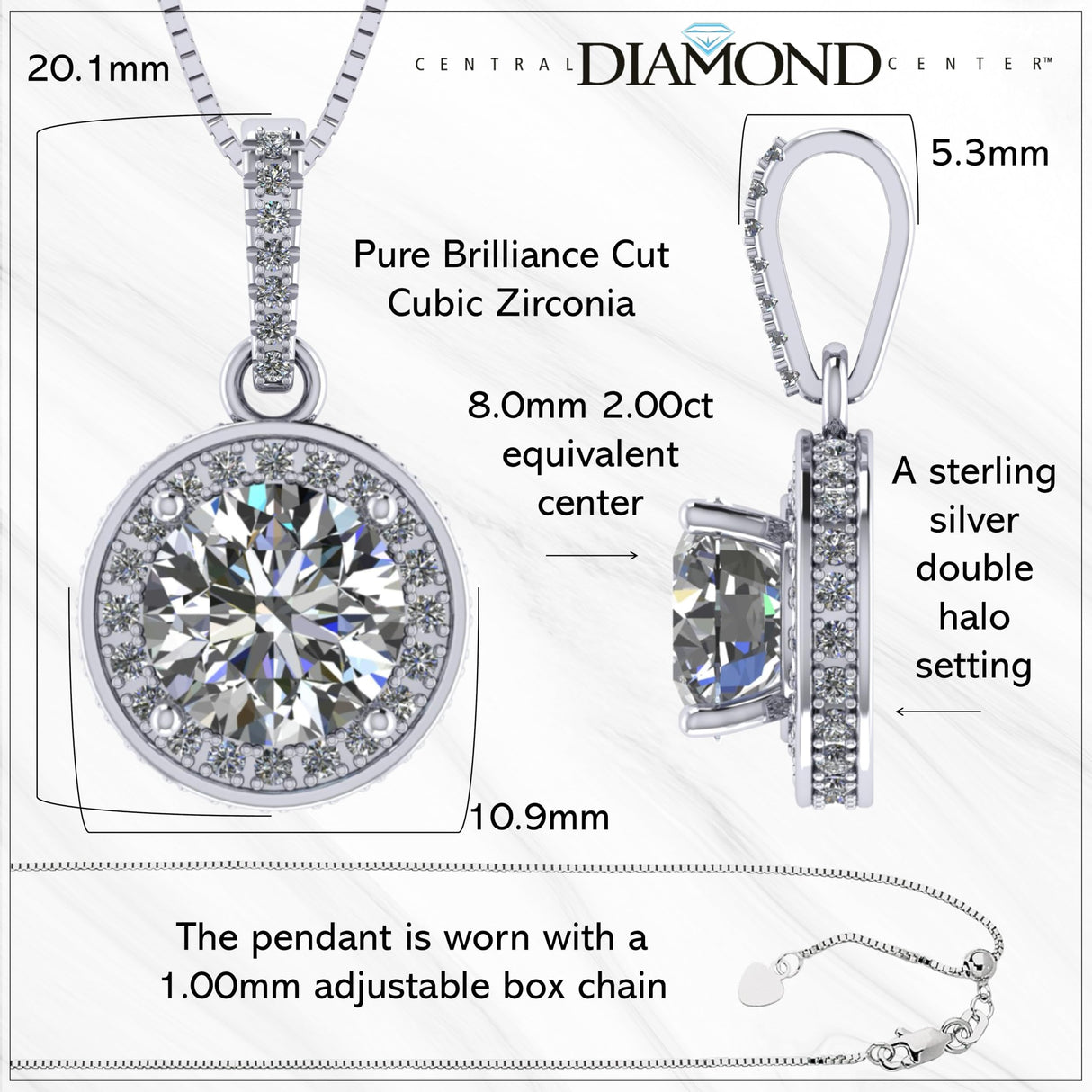 Round Simulated Diamond Solitaire Necklace/Pendant- Double Halo from 1 to 3 carat center- Sterling Silver