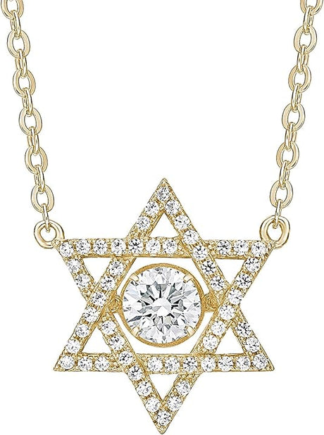 Central Diamond Center Star of David Dancing Gemstone Necklace for Women, Sterling Silver w/Pure Brilliance CZ, Chain Attached