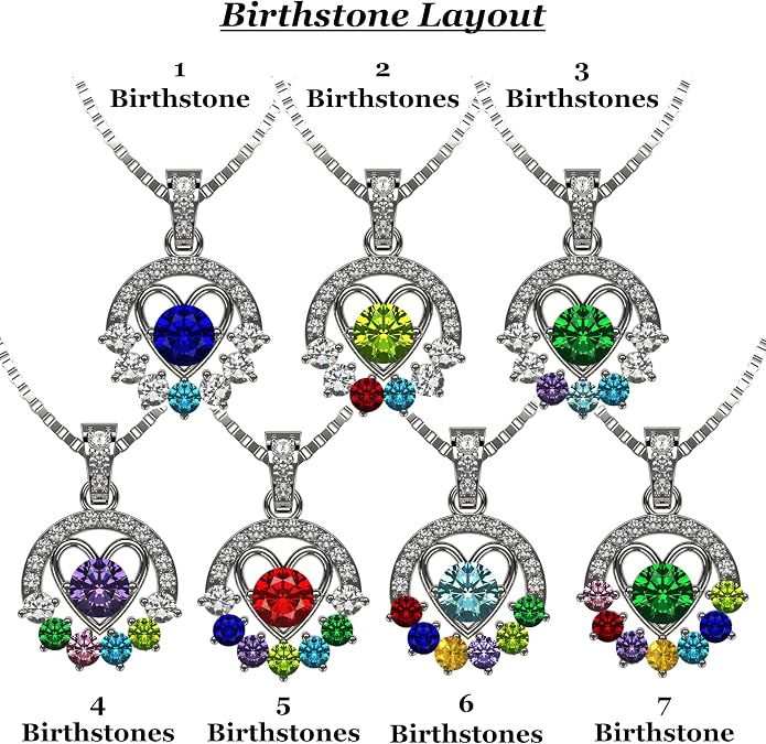 Central Diamond Center Heart in Circle Birthstone Mothers Necklace w/ 1-7 Simulated Gemstones in Solid Sterling Silver for Women