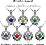 Central Diamond Center Heart in Circle Birthstone Mothers Necklace w/ 1-7 Simulated Gemstones in Solid Sterling Silver for Women