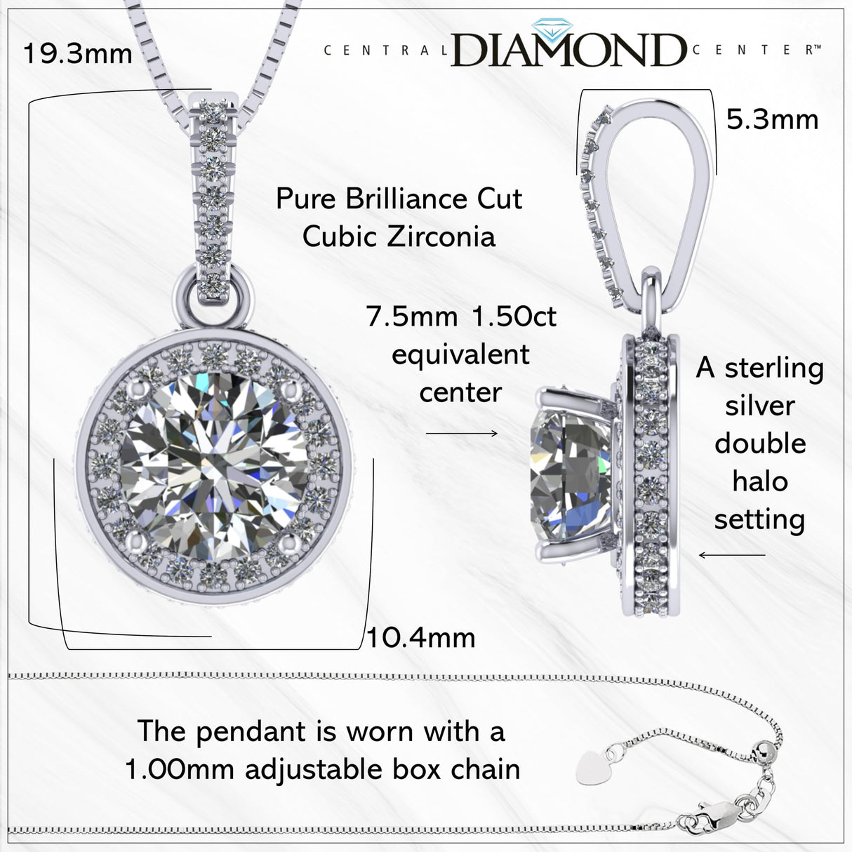 Round Simulated Diamond Solitaire Necklace/Pendant- Double Halo from 1 to 3 carat center- Sterling Silver