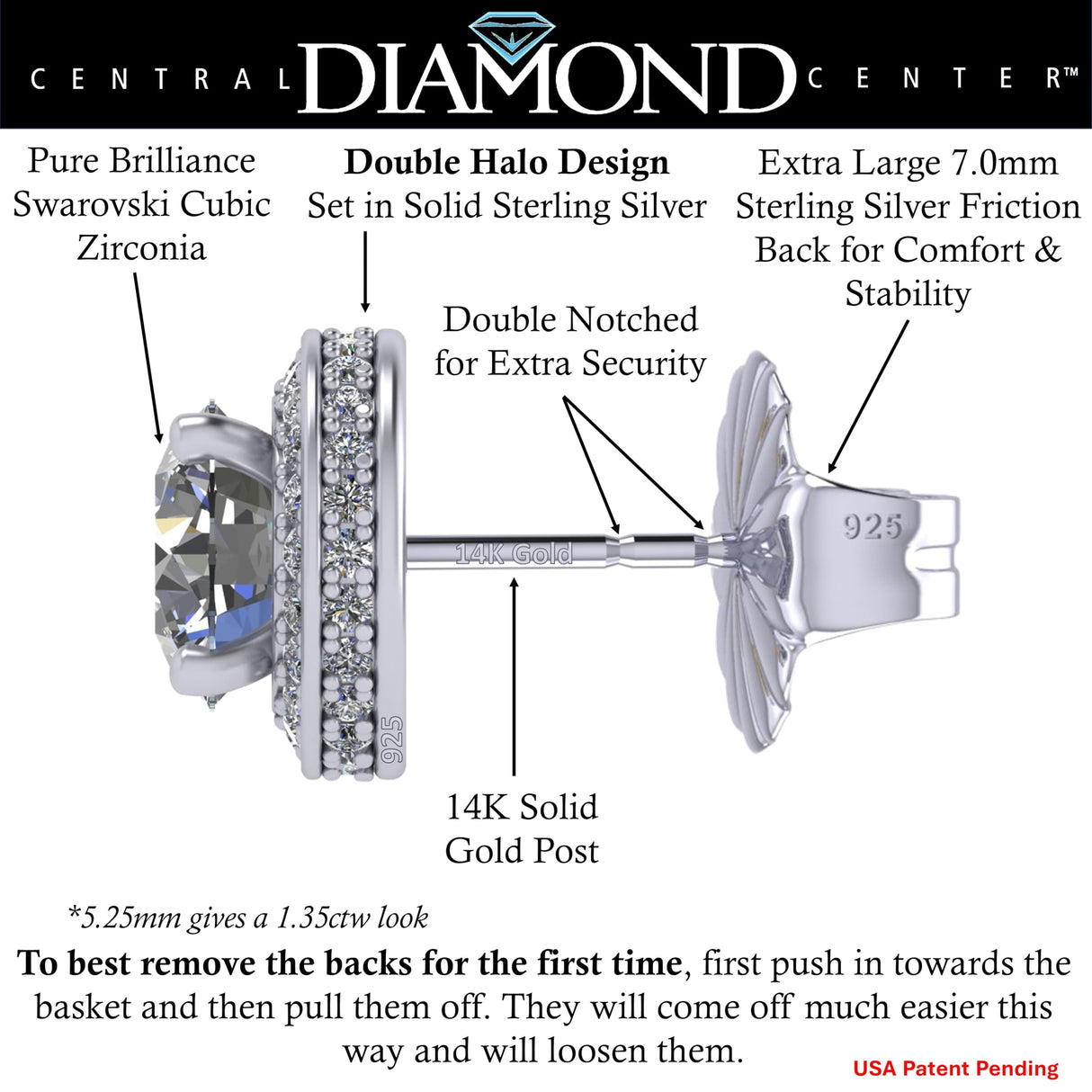 Round Halo Stud Earrings 0.85cttw-4.50cttw in Sterling Silver w/Pure Brilliance Zirconia, Hypoallergenic