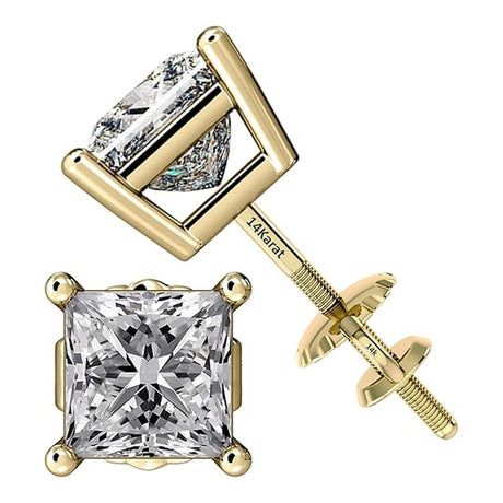 Central Diamond Center Princess Cut CVD Lab-grown Diamond Stud Earrings 14K solid Gold from 0.20ct to 2.00ct E-F VS-SI
