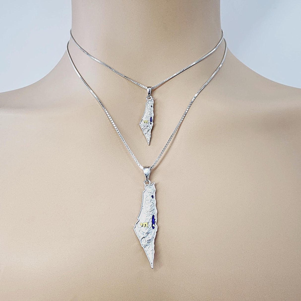 Central Diamond Center Israel Map Necklace/Pendant-Sterling Silver Am Israel Chai on Back Side-3D Map of Israel Large & Small