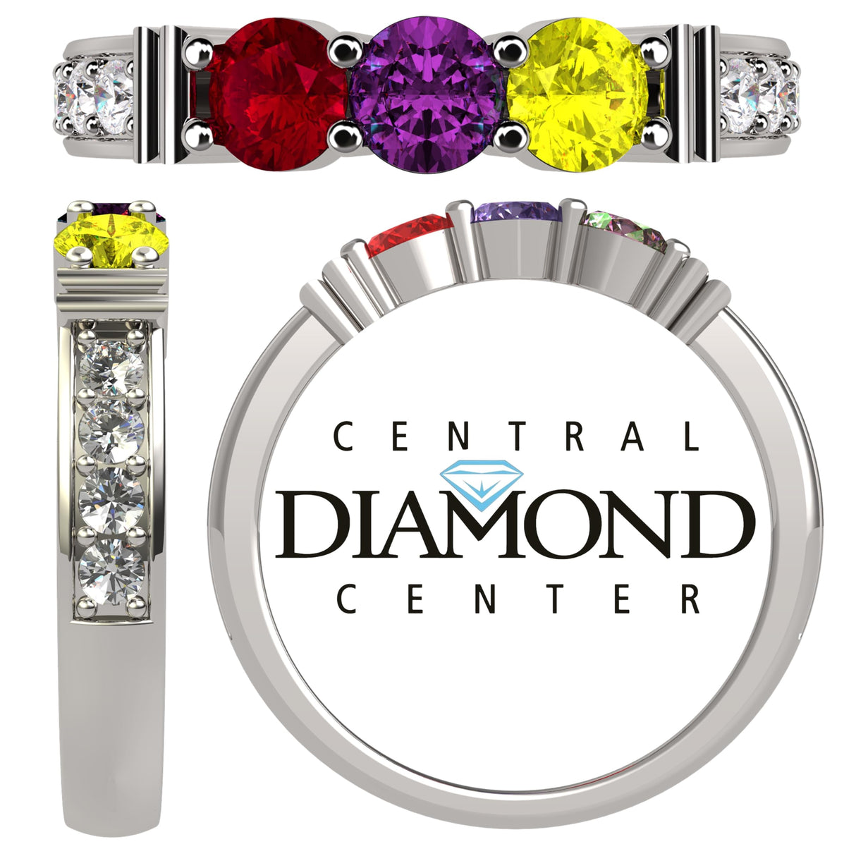 Central Diamond Center Shared Prong w/ Sides Mothers Birthstone Ring w/ 1-6 Simulated Gemstones in Sterling Silver, 10K, or 14K Gold