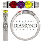 Central Diamond Center Shared Prong w/ Sides Mothers Birthstone Ring w/ 1-6 Simulated Gemstones in Sterling Silver, 10K, or 14K Gold