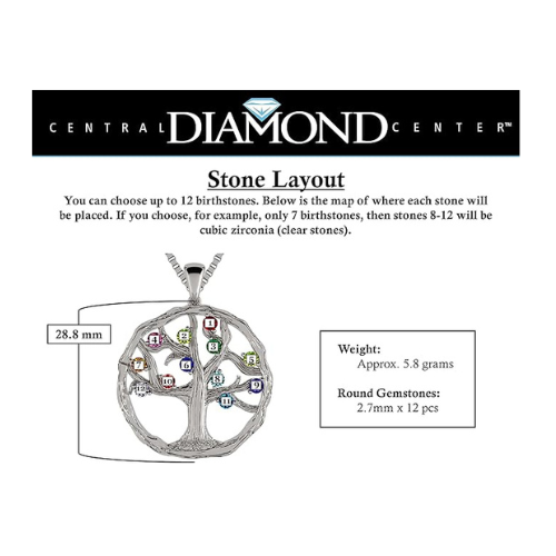 Central Diamond Center Tree of Life Mothers Birthstone Necklace in Silver-10K or 14K Gold. Up to 12stones