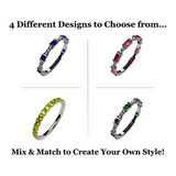 Central Diamond Center Baguette Stackable Birthstone Ring Band w/ Simulated Birthstones, Sterling Silver