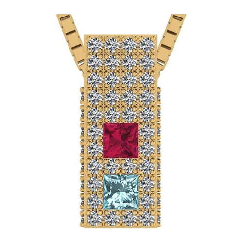 Central Diamond Center Princess Cut Couples 2 Stone Pendant Necklace w/ Pure Brilliance Zirconia on 3 Sides & Simulated Birthstones