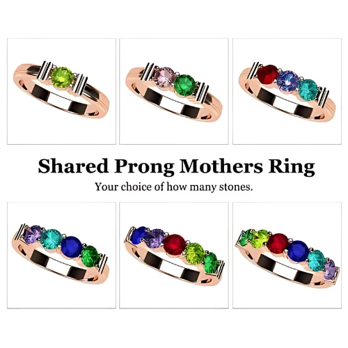 Central Diamond Center Shared Prong Mothers Birthstone Family Ring w/ 1 to 6 Simulated Gemstones in Sterling Silver, 10K or 14K Gold