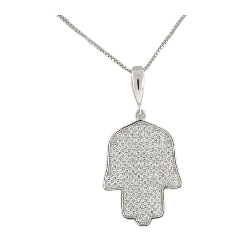 Central Diamond Center Simulated Diamonds Halo Hamsa Pendant Sterling Silver and box chain