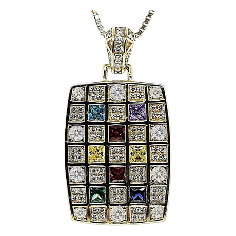 Central Diamond Center Dog Tag Mother's Necklace w/ 1 to 8 Simulated Birthstones in Silver, 10K, or 14K Gold