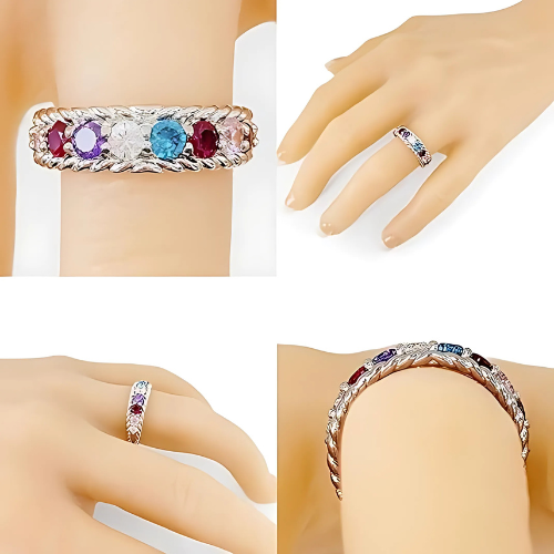Central Diamond Center Rope Mothers Birthstone Ring with 1 to 10 Simulated Birthstones, Sterling Silver, 10K or 14K Gold