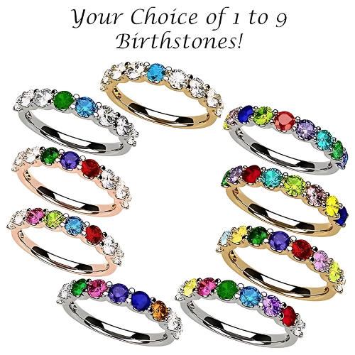 Central Diamond Center U'r Family Ring w/ 1 to 9 Simulated Birthstones in Sterling Silver, 10k, 14K Gold, Mothers Rings